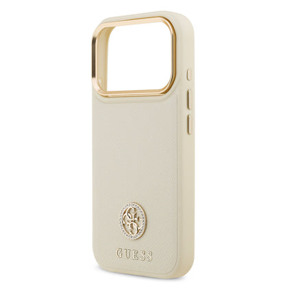 iPhone 17 Pro Kılıf Guess Orjinal Lisanslı M-safe Şarj Özellikli Grained Yazı ve Taşlı 4G Logolu Kılıf