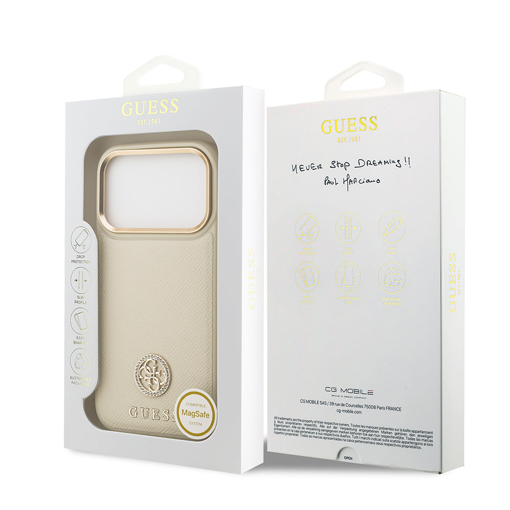 iPhone 17 Pro Kılıf Guess Orjinal Lisanslı M-safe Şarj Özellikli Grained Yazı ve Taşlı 4G Logolu Kılıf