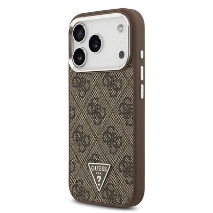 iPhone 17 Pro Kılıf Guess Orjinal Lisanslı M-safe Şarj Özellikli Gümüş Metal Kamera Çerçeveli Üçgen Logo 4G Desenli Kılıf