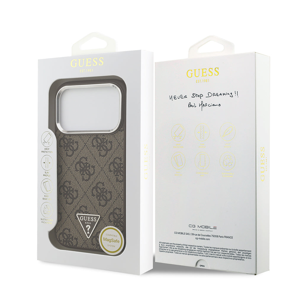 iPhone 17 Pro Kılıf Guess Orjinal Lisanslı M-safe Şarj Özellikli Gümüş Metal Kamera Çerçeveli Üçgen Logo 4G Desenli Kılıf