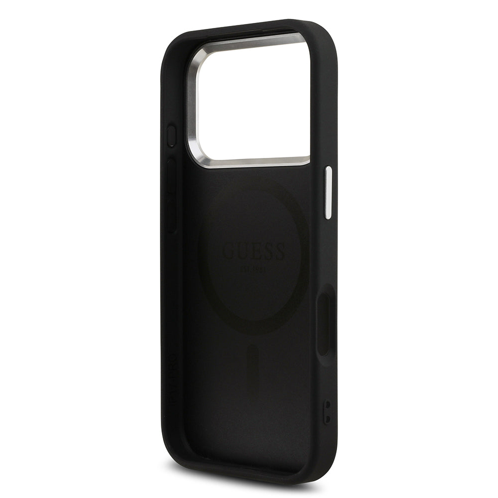 iPhone 17 Pro Kılıf Guess Orjinal Lisanslı M-safe Şarj Özellikli Gümüş Metal Kamera Çerçeveli Üçgen Logo 4G Desenli Kılıf