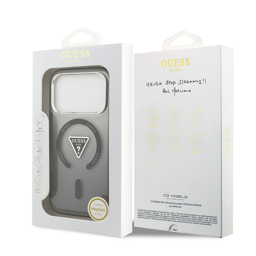 iPhone 17 Pro Kılıf Guess Orjinal Lisanslı M-safe Şarj Özellikli IML Baskılı Üçgen Logolu Metal Kamera Çerçeveli Kılıf