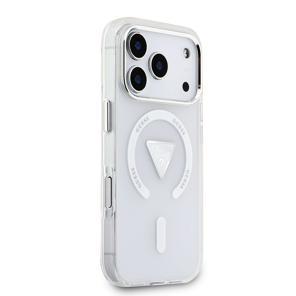 iPhone 17 Pro Kılıf Guess Orjinal Lisanslı M-safe Şarj Özellikli IML Baskılı Üçgen Logolu Metal Kamera Çerçeveli Kılıf