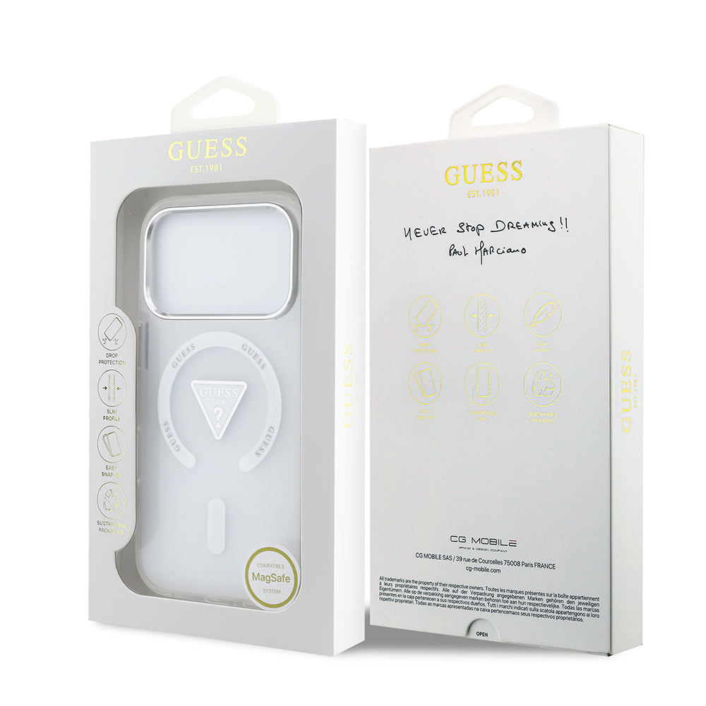 iPhone 17 Pro Kılıf Guess Orjinal Lisanslı M-safe Şarj Özellikli IML Baskılı Üçgen Logolu Metal Kamera Çerçeveli Kılıf