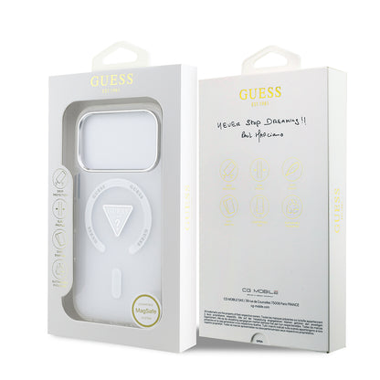 iPhone 17 Pro Kılıf Guess Orjinal Lisanslı M-safe Şarj Özellikli IML Baskılı Üçgen Logolu Metal Kamera Çerçeveli Kılıf