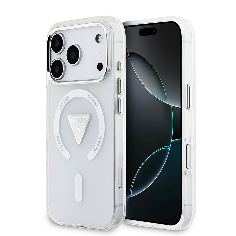 iPhone 17 Pro Kılıf Guess Orjinal Lisanslı M-safe Şarj Özellikli IML Baskılı Üçgen Logolu Metal Kamera Çerçeveli Kılıf