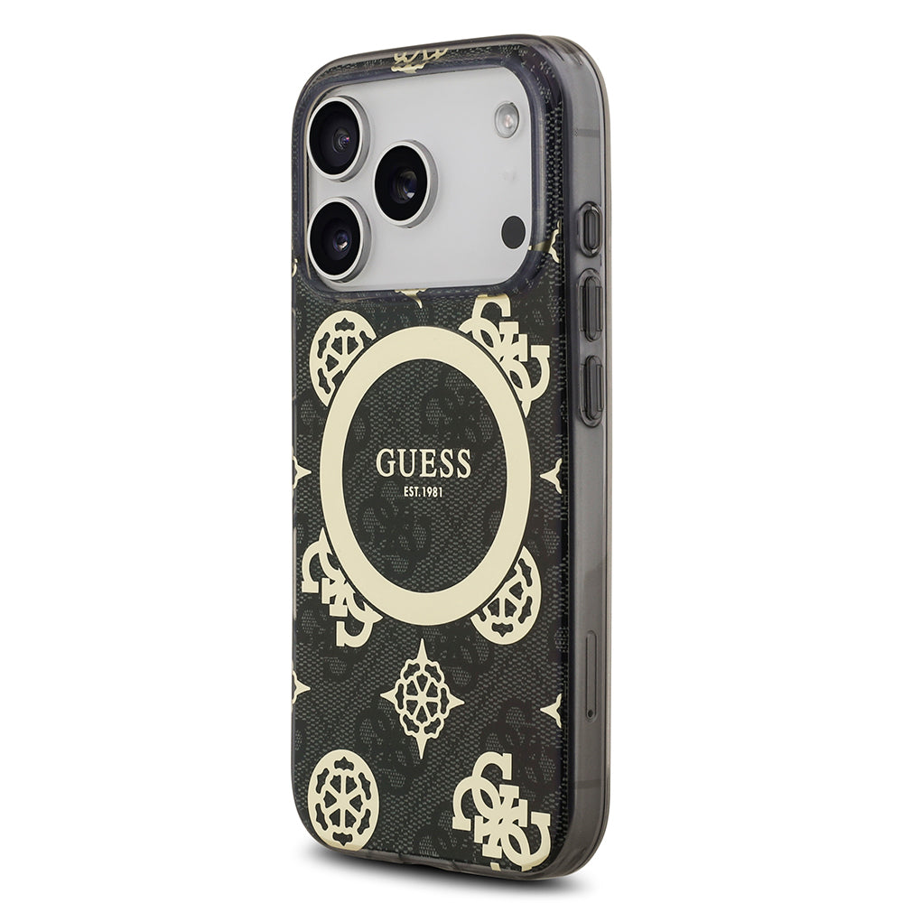 iPhone 17 Pro Kılıf Guess Orjinal Lisanslı M-safe Şarj Özellikli IML Peony ve 4G Desenli Klasik Logolu Kılıf