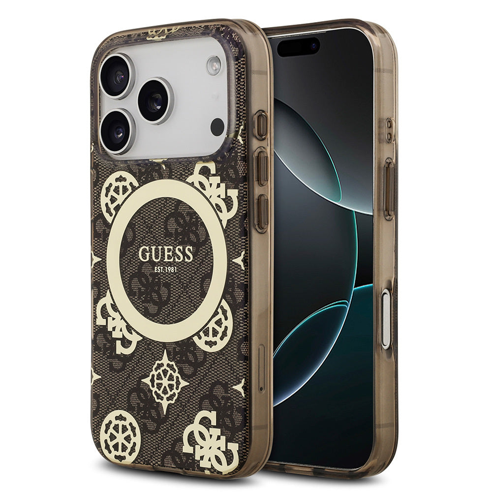 iPhone 17 Pro Kılıf Guess Orjinal Lisanslı M-safe Şarj Özellikli IML Peony ve 4G Desenli Klasik Logolu Kılıf