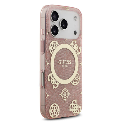 iPhone 17 Pro Kılıf Guess Orjinal Lisanslı M-safe Şarj Özellikli IML Peony ve 4G Desenli Klasik Logolu Kılıf