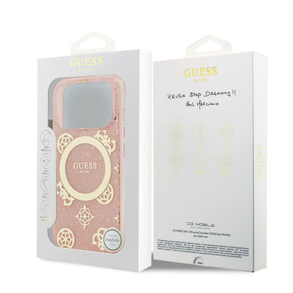 iPhone 17 Pro Kılıf Guess Orjinal Lisanslı M-safe Şarj Özellikli IML Peony ve 4G Desenli Klasik Logolu Kılıf