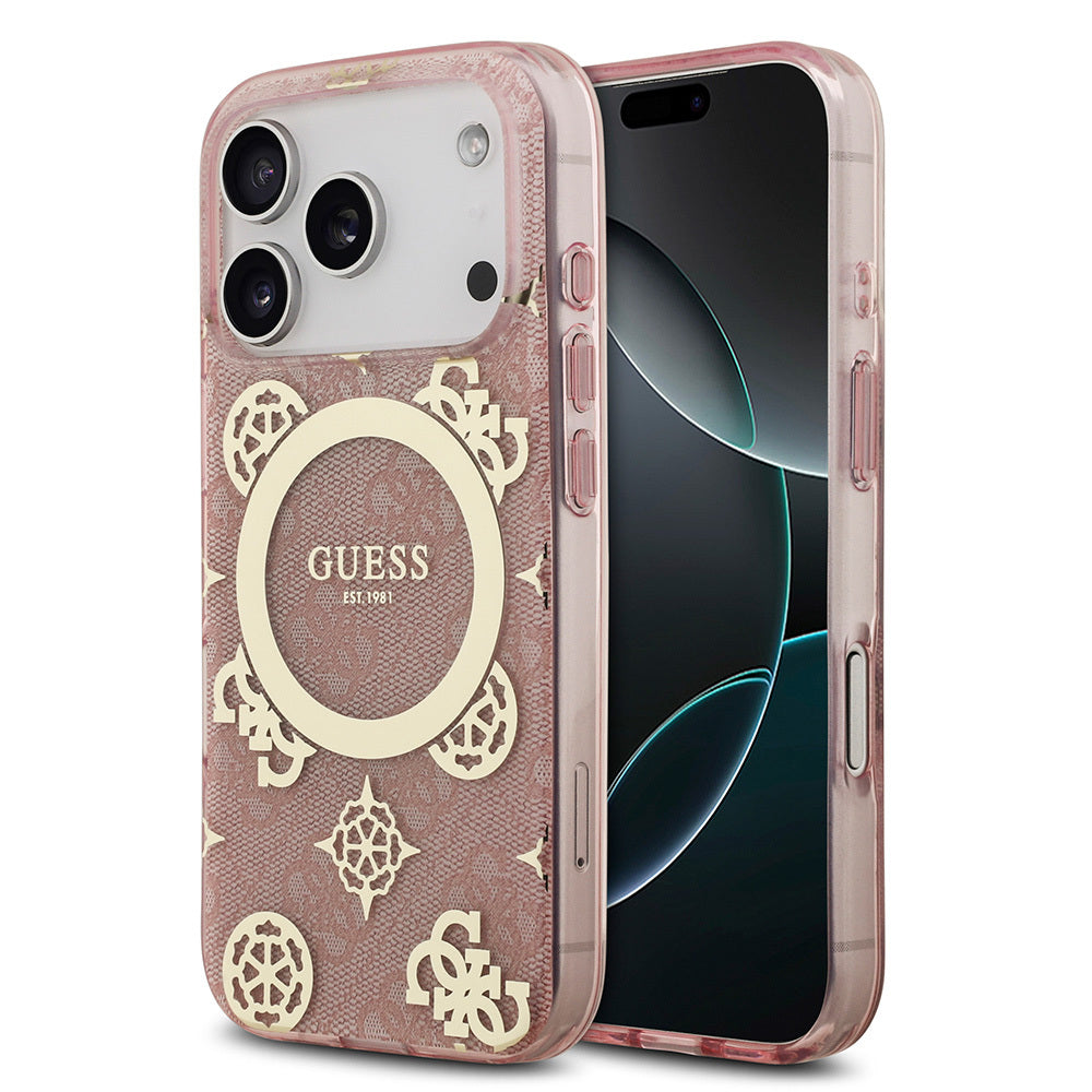 iPhone 17 Pro Kılıf Guess Orjinal Lisanslı M-safe Şarj Özellikli IML Peony ve 4G Desenli Klasik Logolu Kılıf