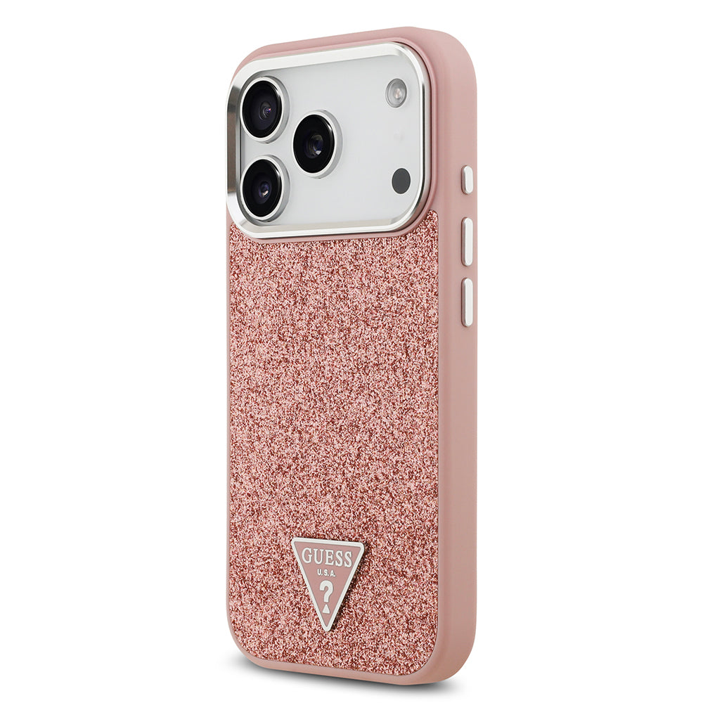 iPhone 17 Pro Kılıf Guess Orjinal Lisanslı M-safe Şarj Özellikli Metal Kamera Çerçeveli Üçgen Logolu Glitter Kılıf