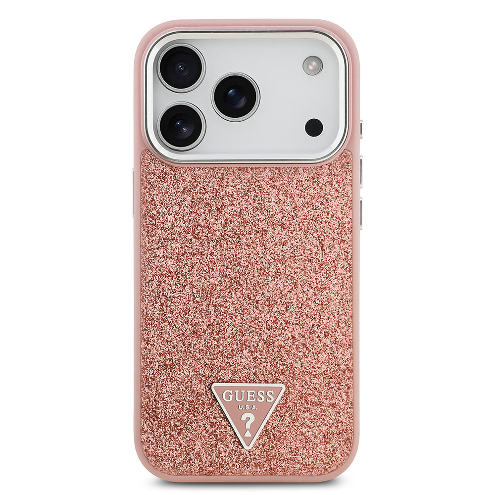 iPhone 17 Pro Kılıf Guess Orjinal Lisanslı M-safe Şarj Özellikli Metal Kamera Çerçeveli Üçgen Logolu Glitter Kılıf