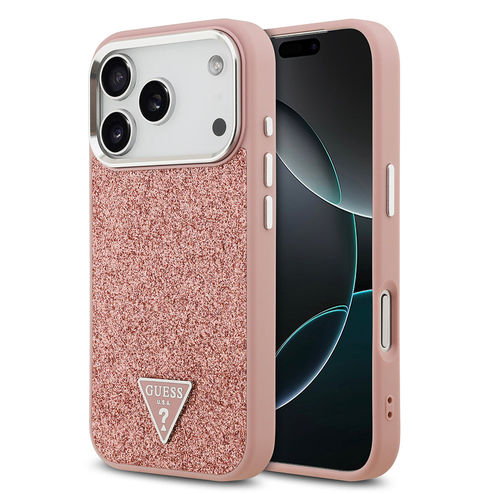 iPhone 17 Pro Kılıf Guess Orjinal Lisanslı M-safe Şarj Özellikli Metal Kamera Çerçeveli Üçgen Logolu Glitter Kılıf