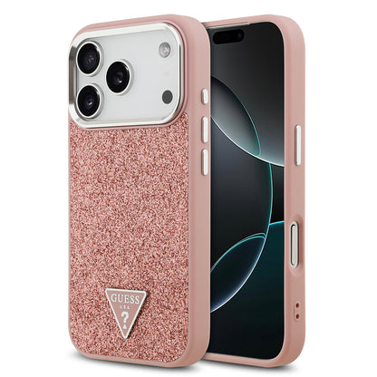 iPhone 17 Pro Kılıf Guess Orjinal Lisanslı M-safe Şarj Özellikli Metal Kamera Çerçeveli Üçgen Logolu Glitter Kılıf