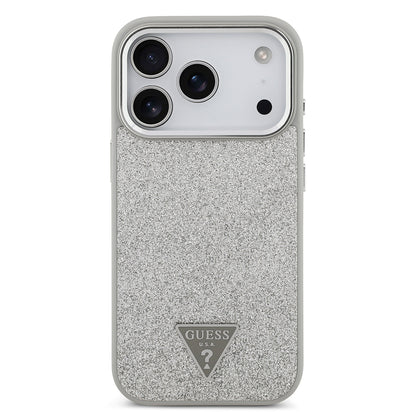 iPhone 17 Pro Kılıf Guess Orjinal Lisanslı M-safe Şarj Özellikli Metal Kamera Çerçeveli Üçgen Logolu Glitter Kılıf