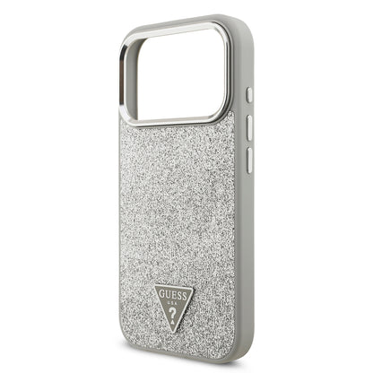 iPhone 17 Pro Kılıf Guess Orjinal Lisanslı M-safe Şarj Özellikli Metal Kamera Çerçeveli Üçgen Logolu Glitter Kılıf