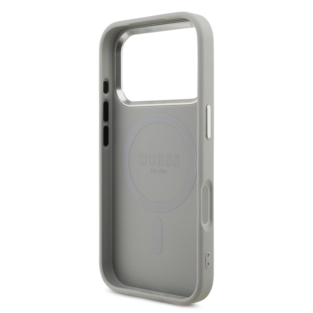 iPhone 17 Pro Kılıf Guess Orjinal Lisanslı M-safe Şarj Özellikli Metal Kamera Çerçeveli Üçgen Logolu Glitter Kılıf