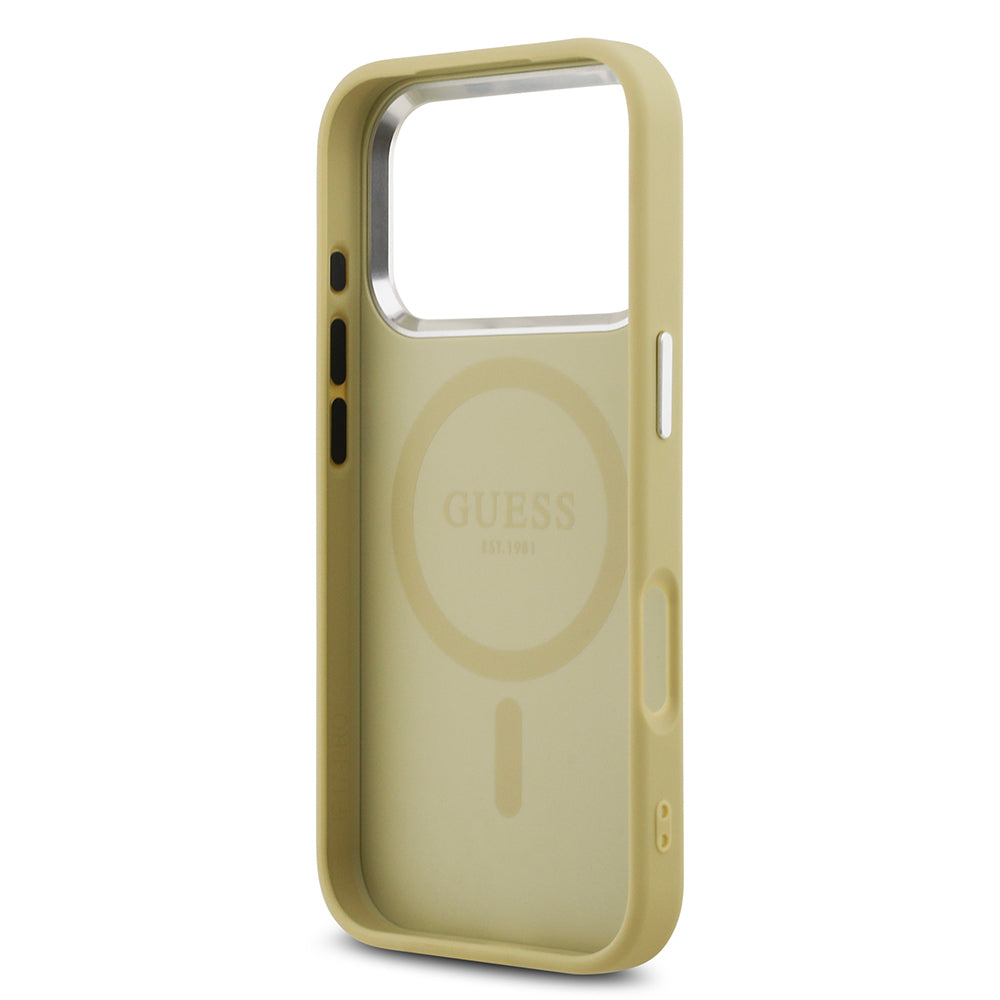 iPhone 17 Pro Kılıf Guess Orjinal Lisanslı M-safe Şarj Özellikli Metal Kamera Çerçeveli Üçgen Logolu Glitter Kılıf