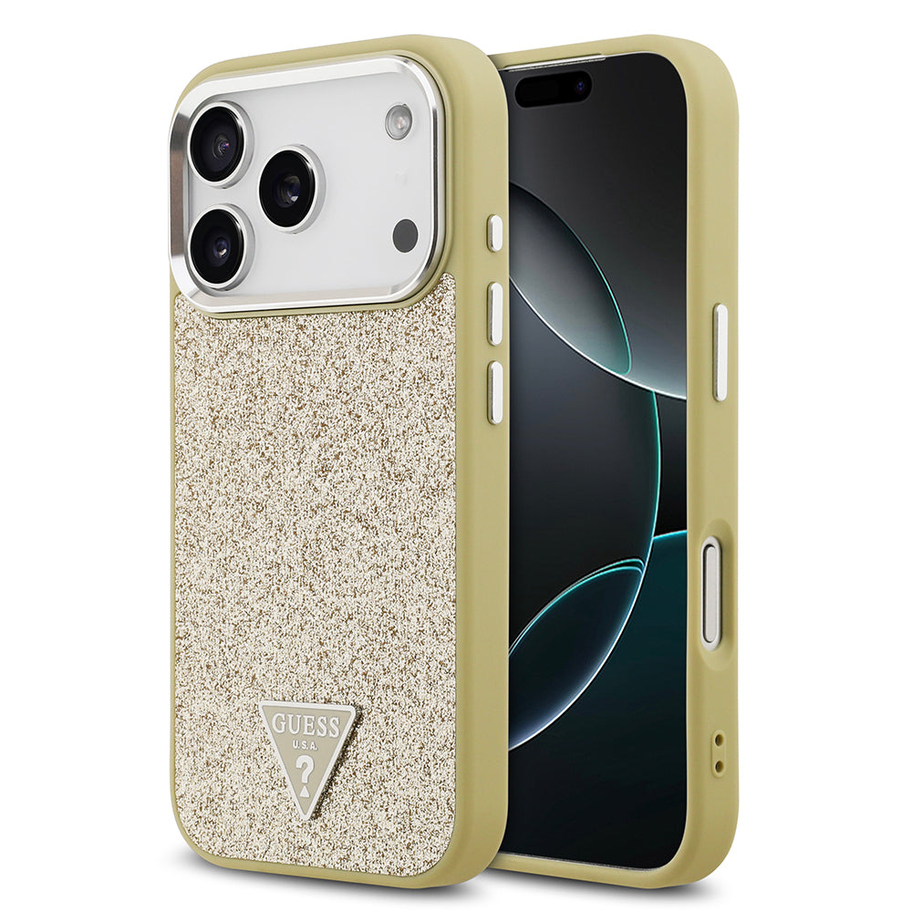 iPhone 17 Pro Kılıf Guess Orjinal Lisanslı M-safe Şarj Özellikli Metal Kamera Çerçeveli Üçgen Logolu Glitter Kılıf