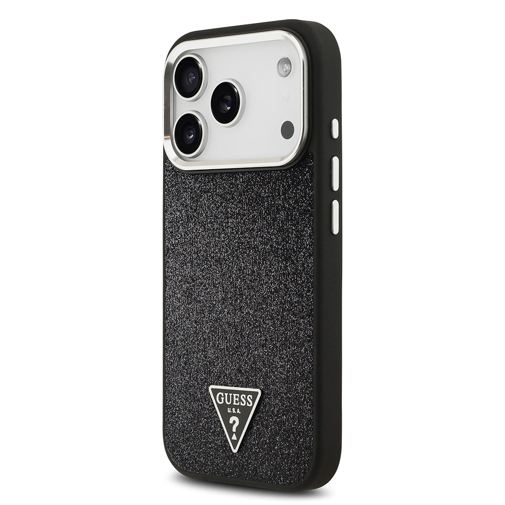 iPhone 17 Pro Kılıf Guess Orjinal Lisanslı M-safe Şarj Özellikli Metal Kamera Çerçeveli Üçgen Logolu Glitter Kılıf