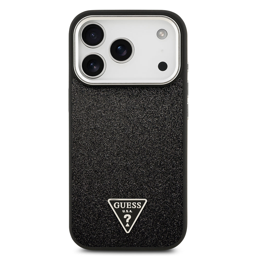 iPhone 17 Pro Kılıf Guess Orjinal Lisanslı M-safe Şarj Özellikli Metal Kamera Çerçeveli Üçgen Logolu Glitter Kılıf