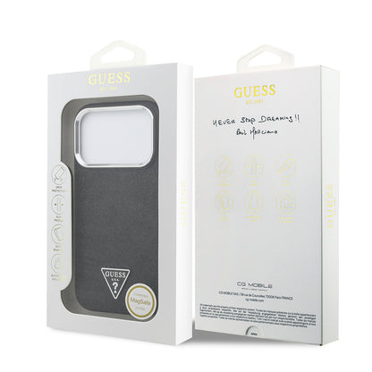 iPhone 17 Pro Kılıf Guess Orjinal Lisanslı M-safe Şarj Özellikli Metal Kamera Çerçeveli Üçgen Logolu Glitter Kılıf