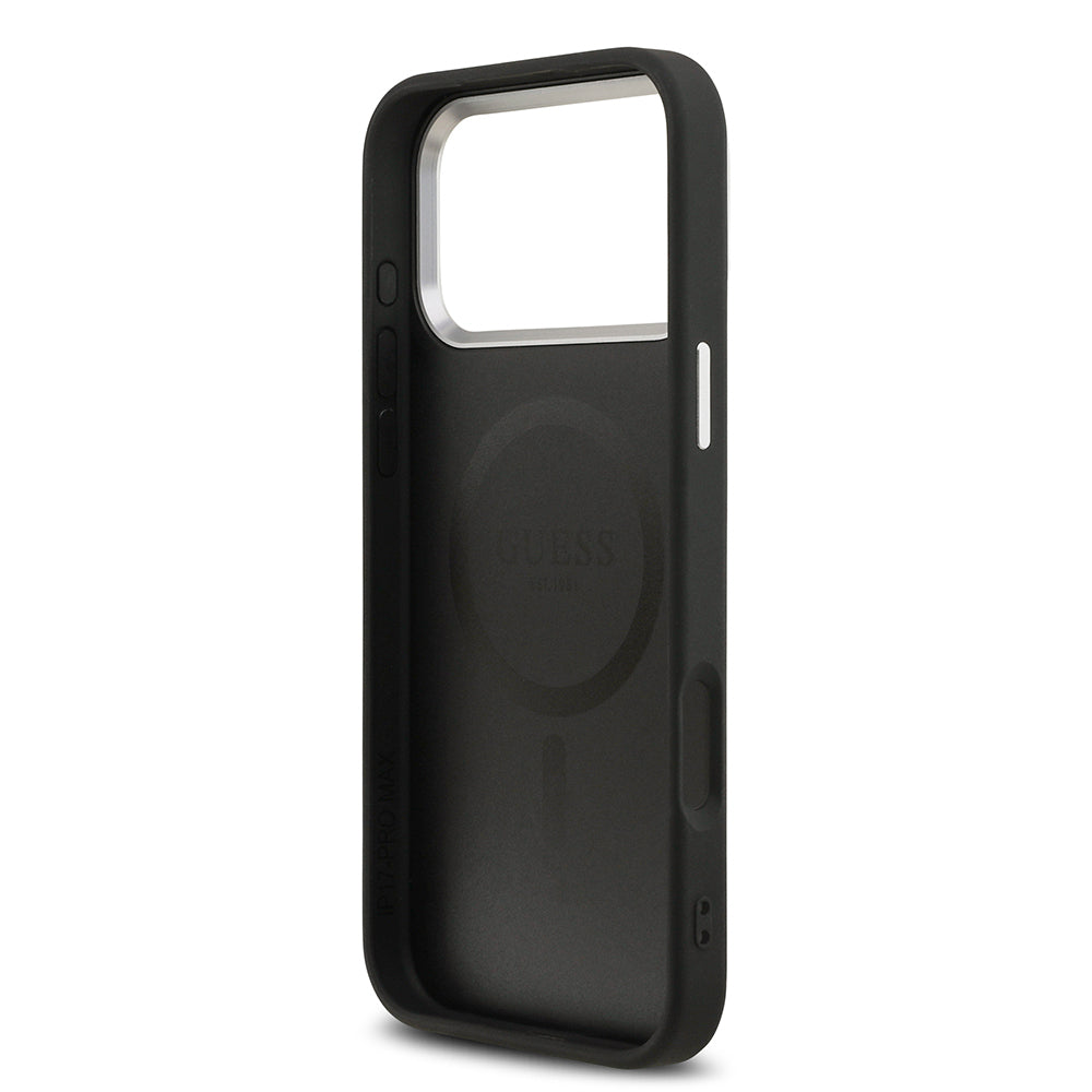 Apple iPhone 17 Pro Kılıf Guess Orjinal Lisanslı M-safe Şarj Özellikli PU Deri Metal Kamera Çerçeveli Üçgen Logolu Kapak Siyah
