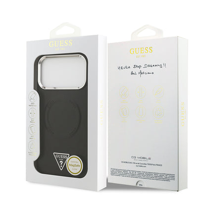 iPhone 17 Pro Kılıf Guess Orjinal Lisanslı M-safe Şarj Özellikli PU Deri Metal Kamera Çerçeveli Üçgen Logolu Kılıf