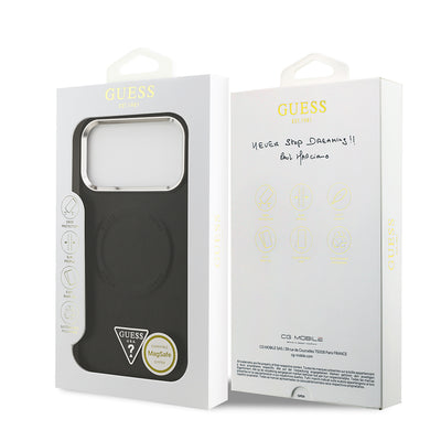 Apple iPhone 17 Pro Kılıf Guess Orjinal Lisanslı M-safe Şarj Özellikli PU Deri Metal Kamera Çerçeveli Üçgen Logolu Kapak Siyah