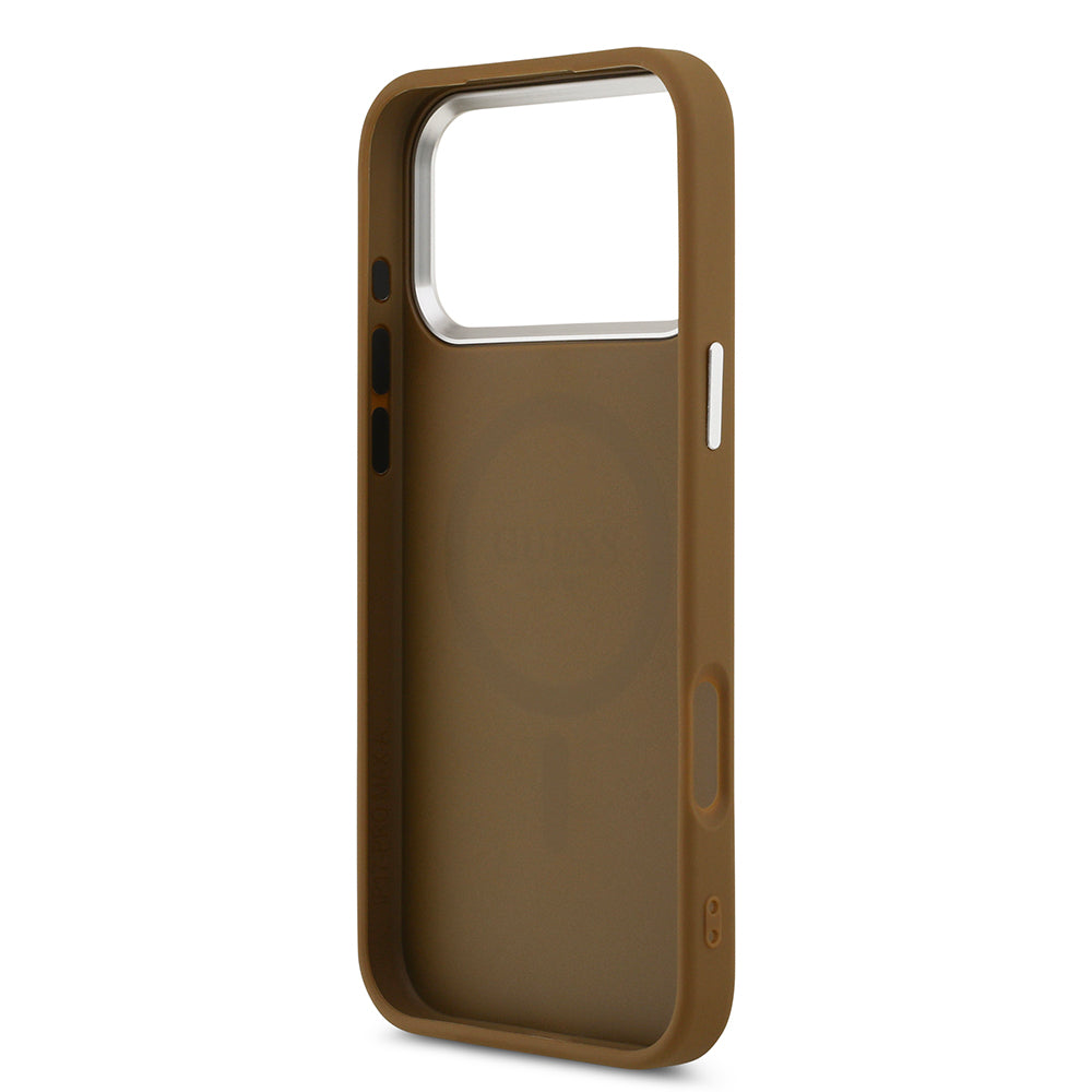 iPhone 17 Pro Kılıf Guess Orjinal Lisanslı M-safe Şarj Özellikli PU Deri Metal Kamera Çerçeveli Üçgen Logolu Kılıf