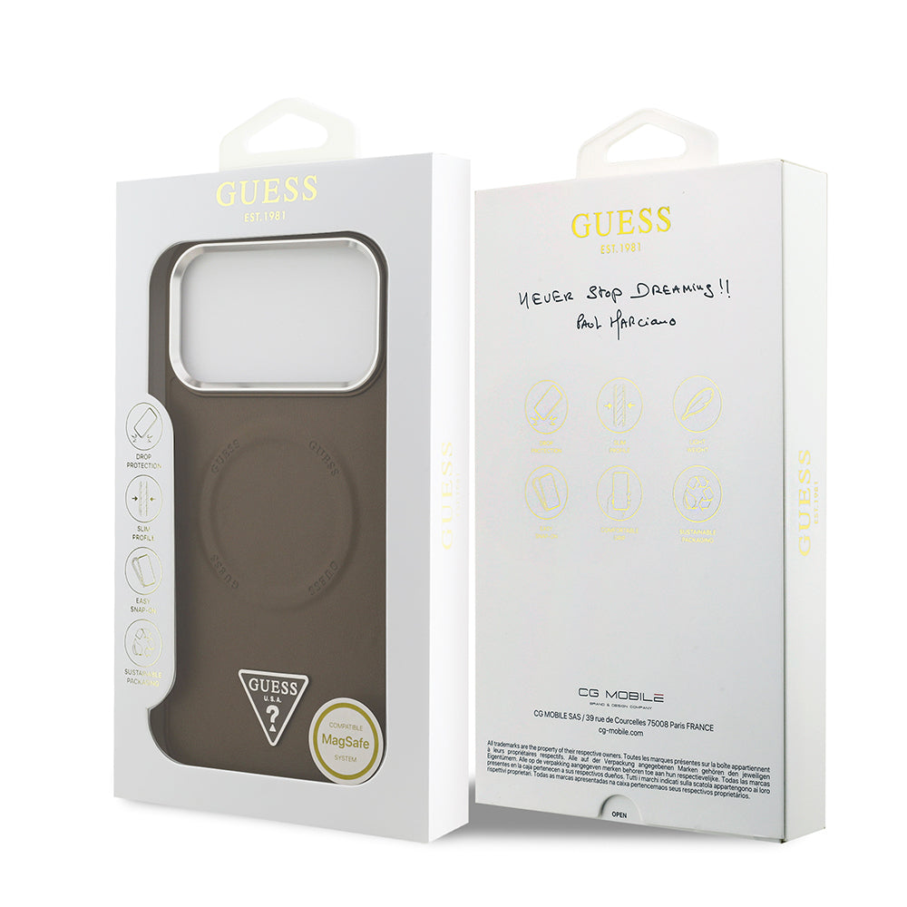 iPhone 17 Pro Kılıf Guess Orjinal Lisanslı M-safe Şarj Özellikli PU Deri Metal Kamera Çerçeveli Üçgen Logolu Kılıf