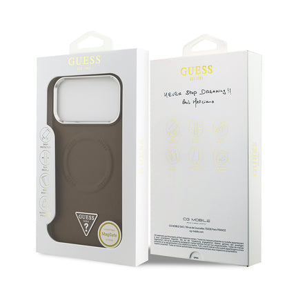 iPhone 17 Pro Kılıf Guess Orjinal Lisanslı M-safe Şarj Özellikli PU Deri Metal Kamera Çerçeveli Üçgen Logolu Kılıf