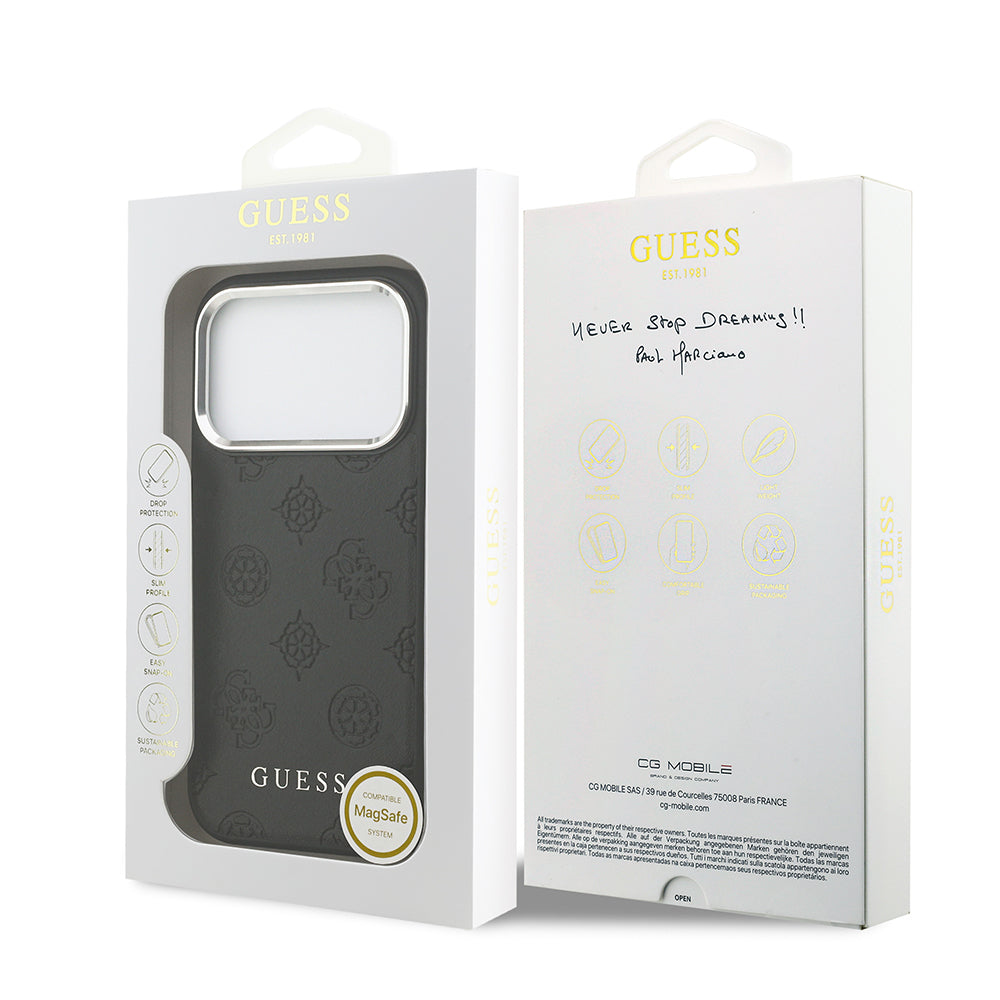 iPhone 17 Pro Kılıf Guess Orjinal Lisanslı M-safe Şarj Özellikli Sıcak Baskılı Klasik Yazı Logolu PU Deri Peony Kılıf