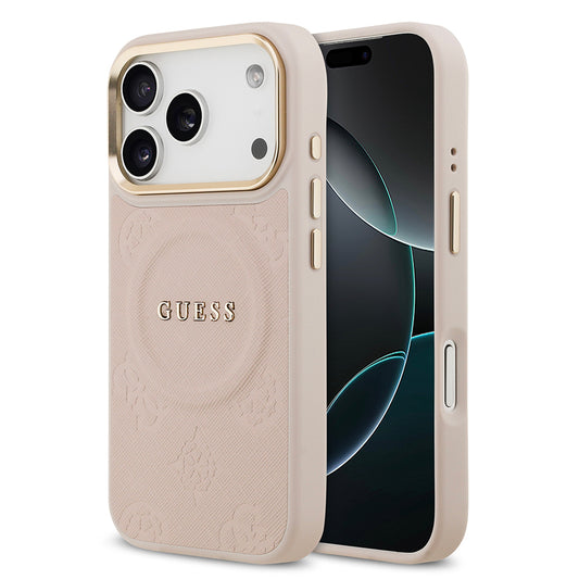 iPhone 17 Pro Kılıf Guess Orjinal Lisanslı M-safe Şarj Özellikli Sıcak Baskılı Yazı Logolu PU Deri Peony Kılıf