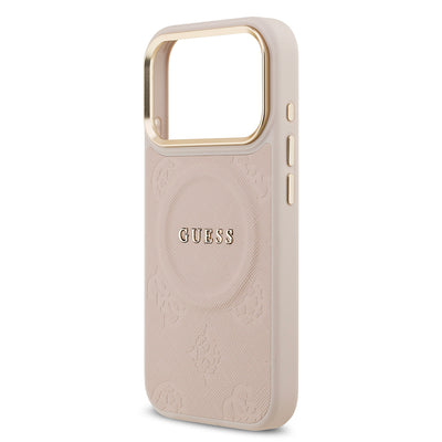Apple iPhone 17 Pro Kılıf Guess Orjinal Lisanslı M-safe Şarj Özellikli Sıcak Baskılı Yazı Logolu PU Deri Peony Kapak Bej