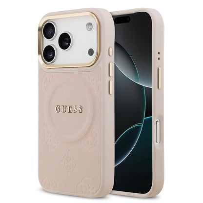 iPhone 17 Pro Kılıf Guess Orjinal Lisanslı M-safe Şarj Özellikli Sıcak Baskılı Yazı Logolu PU Deri Peony Kılıf