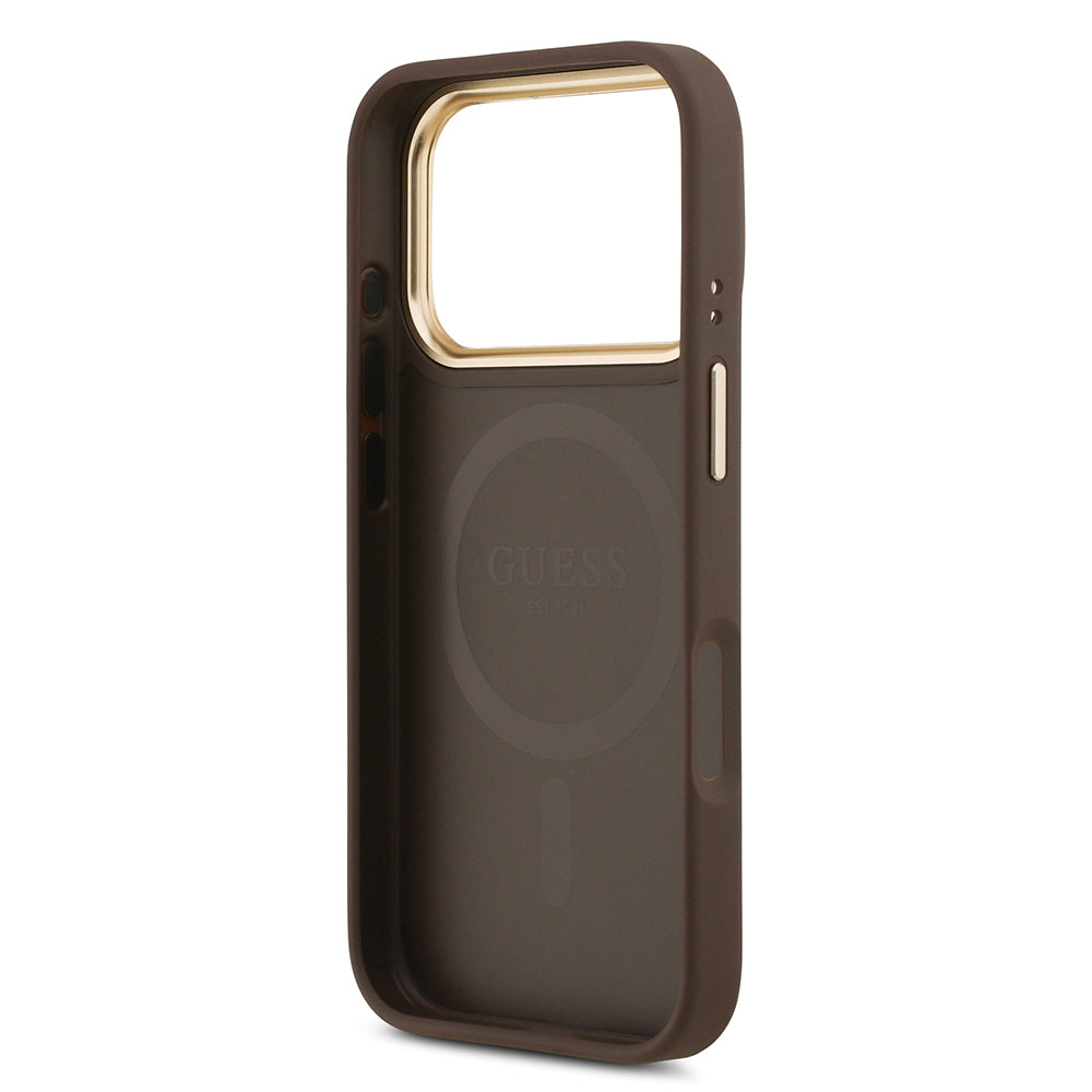 Apple iPhone 17 Pro Kılıf Guess Orjinal Lisanslı M-safe Şarj Özellikli Sıcak Baskılı Yazı Logolu PU Deri Peony Kapak Pembe