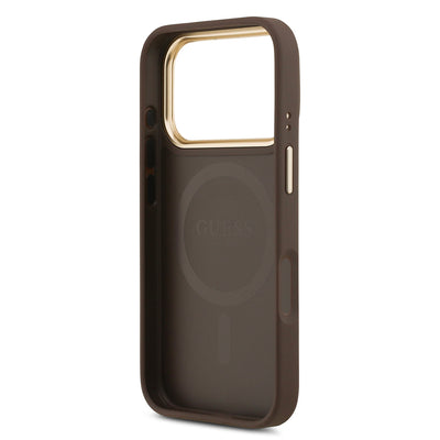 Apple iPhone 17 Pro Kılıf Guess Orjinal Lisanslı M-safe Şarj Özellikli Sıcak Baskılı Yazı Logolu PU Deri Peony Kapak Bej