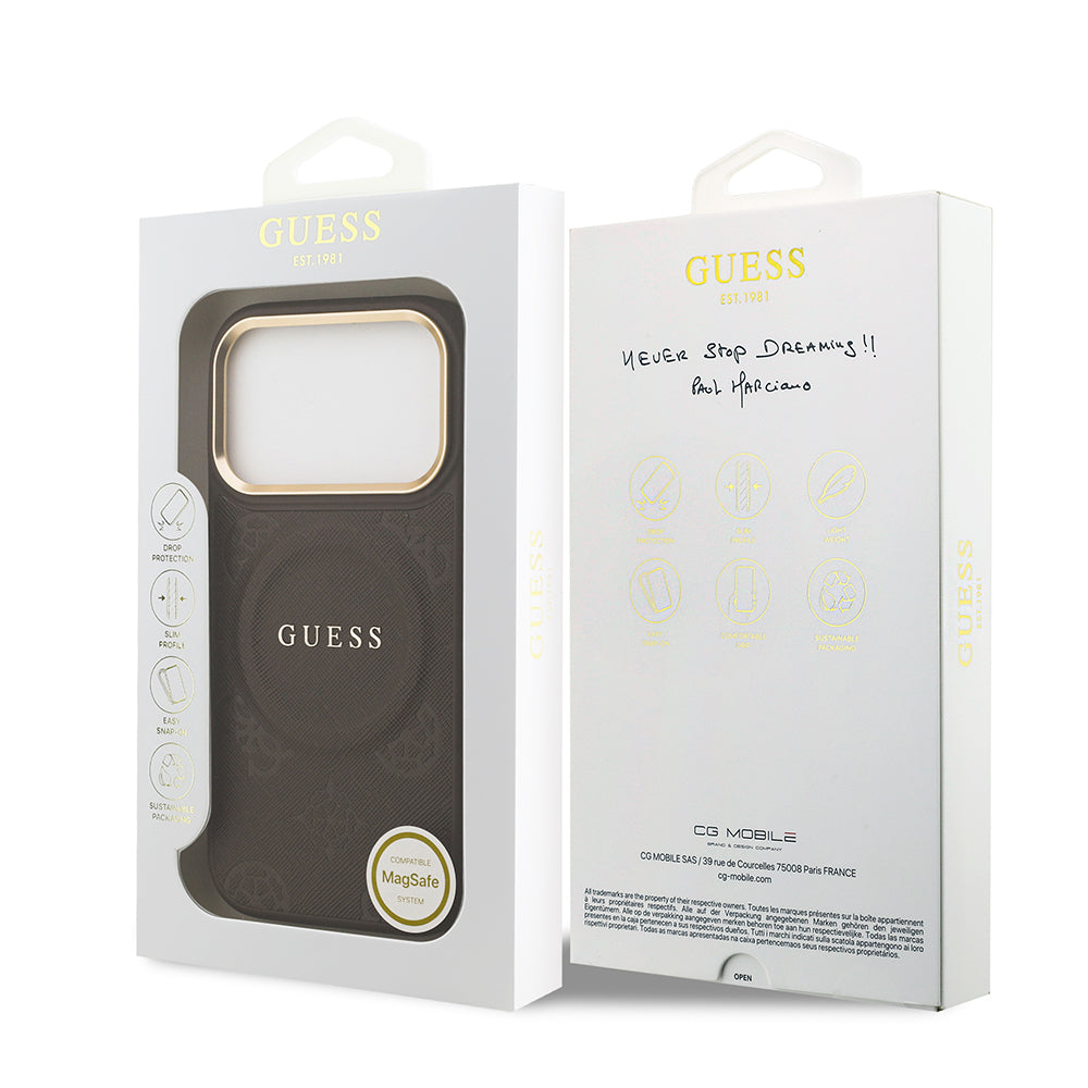 iPhone 17 Pro Kılıf Guess Orjinal Lisanslı M-safe Şarj Özellikli Sıcak Baskılı Yazı Logolu PU Deri Peony Kılıf