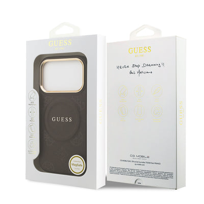 Apple iPhone 17 Pro Kılıf Guess Orjinal Lisanslı M-safe Şarj Özellikli Sıcak Baskılı Yazı Logolu PU Deri Peony Kapak Pembe