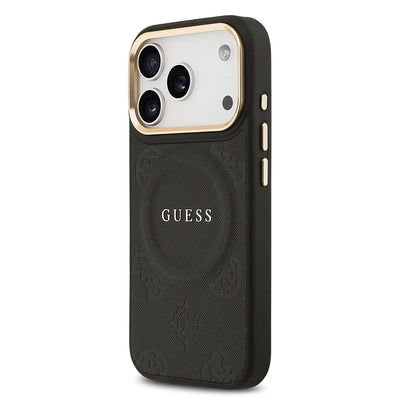 Apple iPhone 17 Pro Kılıf Guess Orjinal Lisanslı M-safe Şarj Özellikli Sıcak Baskılı Yazı Logolu PU Deri Peony Kapak Kahverengi