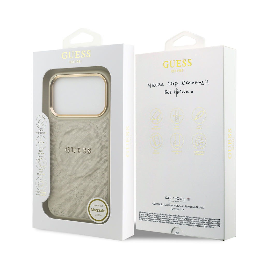 iPhone 17 Pro Kılıf Guess Orjinal Lisanslı M-safe Şarj Özellikli Sıcak Baskılı Yazı Logolu PU Deri Peony Kılıf