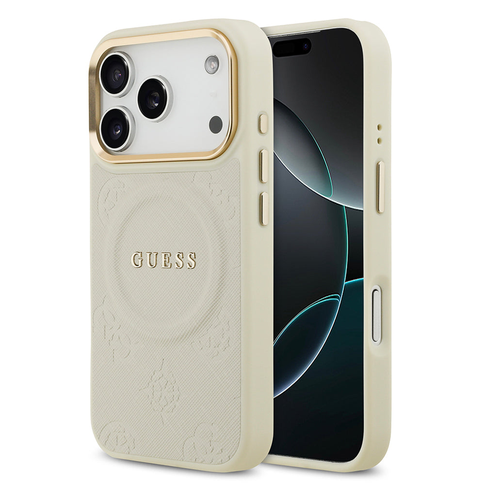 iPhone 17 Pro Kılıf Guess Orjinal Lisanslı M-safe Şarj Özellikli Sıcak Baskılı Yazı Logolu PU Deri Peony Kılıf