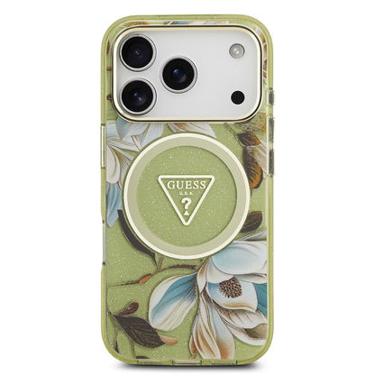 iPhone 17 Pro Kılıf Guess Orjinal Lisanslı M-safe Şarj Özellikli Simli Çiçek Desenli Metal Kamera Çerçeveli Üçgen Logolu Kılıf