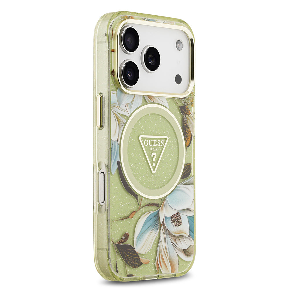 iPhone 17 Pro Kılıf Guess Orjinal Lisanslı M-safe Şarj Özellikli Simli Çiçek Desenli Metal Kamera Çerçeveli Üçgen Logolu Kılıf