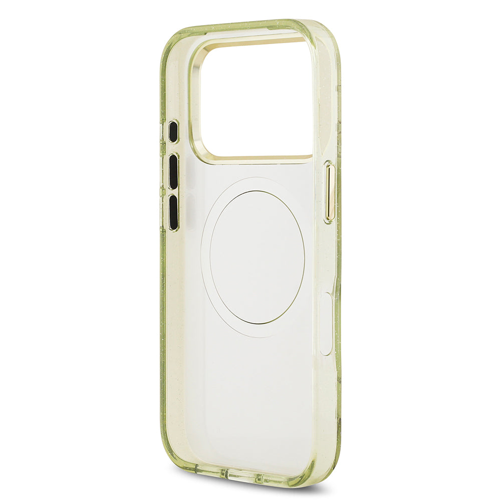 iPhone 17 Pro Kılıf Guess Orjinal Lisanslı M-safe Şarj Özellikli Simli Çiçek Desenli Metal Kamera Çerçeveli Üçgen Logolu Kılıf