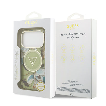 iPhone 17 Pro Kılıf Guess Orjinal Lisanslı M-safe Şarj Özellikli Simli Çiçek Desenli Metal Kamera Çerçeveli Üçgen Logolu Kılıf