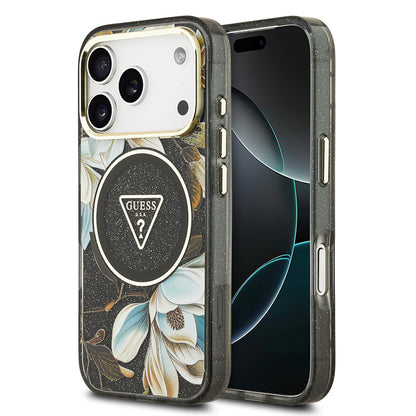 iPhone 17 Pro Kılıf Guess Orjinal Lisanslı M-safe Şarj Özellikli Simli Çiçek Desenli Metal Kamera Çerçeveli Üçgen Logolu Kılıf