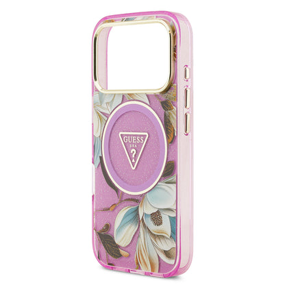 iPhone 17 Pro Kılıf Guess Orjinal Lisanslı M-safe Şarj Özellikli Simli Çiçek Desenli Metal Kamera Çerçeveli Üçgen Logolu Kılıf
